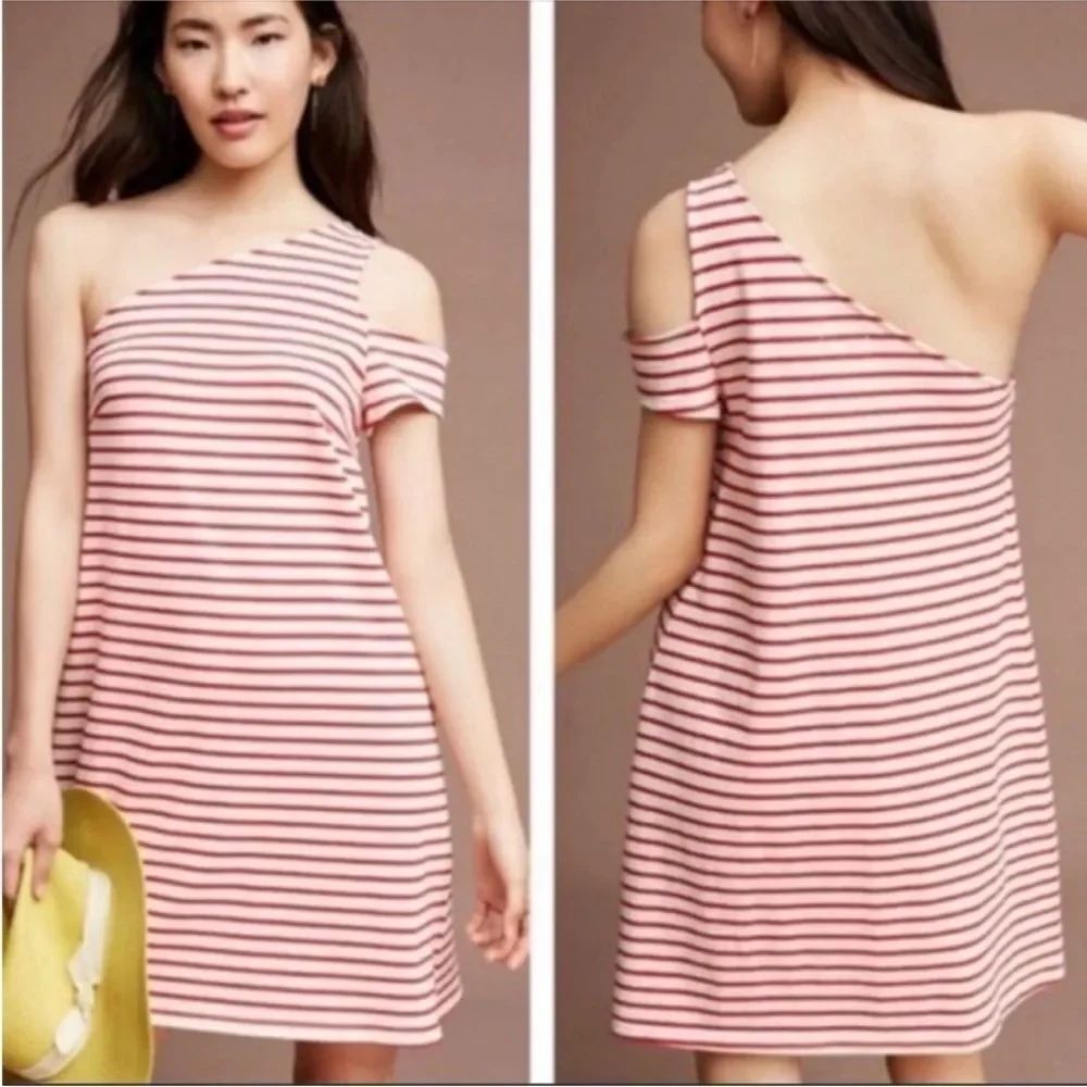 Anthropologie Maeve Marketa Red Stripe One Shoulder Dress Small